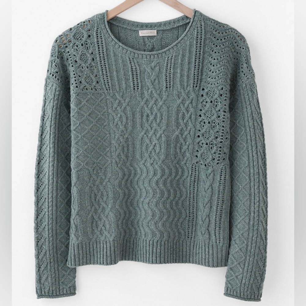 Garnet Hill Teal Cable & Lace Stitch Scoop Neck Sweater
